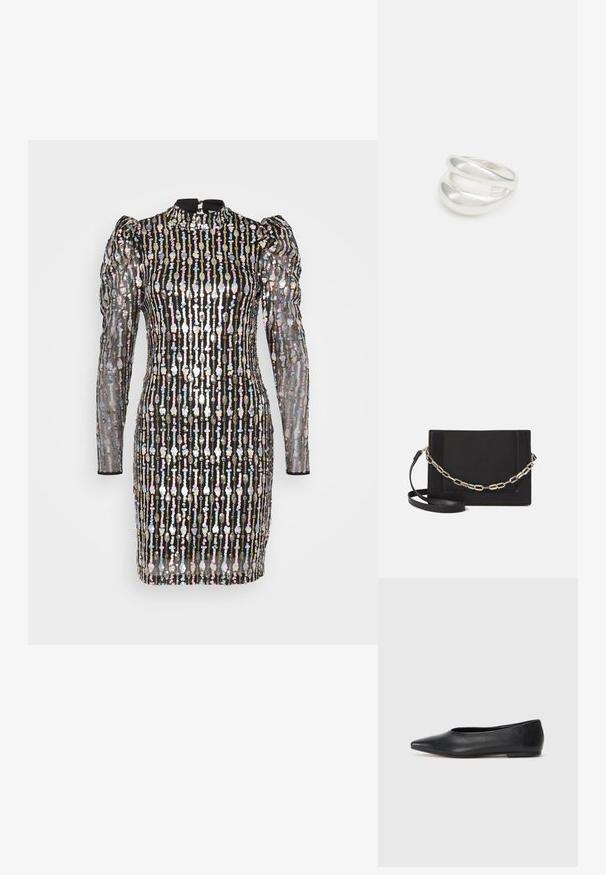 YAS Petite YASBINNA DRESS SHOW - Koktel haljina / svečana haljina - black; Crne kožne balerinke, uski vrh, minimalistički dizajn, glatka tekstura, niska peta, bez vidljivih dodataka ili ukrasa.; Crna kožna torba preko tijela s glatkom teksturom, pravokutnim oblikom i metalnim lancem na prednjoj strani. Uključena je podesiva naramenica.; Srebrna dvostruka prsten s glatkom, poliranom površinom. Karakterizira ga fluidan, zakrivljen dizajn s preklapajućim sekcijama za moderan izgled.