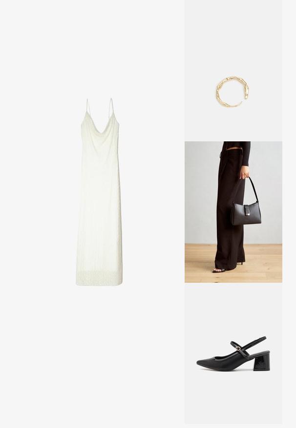Hvid kjole med tynde stropper, der har en draperet halsudskæring og struktureret stof. Kantene har et diskret blonderagtigt mønster.; Sorte patentlæder slingback hæle med spids tå, rund udskæring og blokhæl. Har en guldtonet spændeaccents.; Sort håndtaske med struktureret form, glat overflade og metalspænde. Sammen med brede sorte bukser og sandaler med åben tå på trægulv.; Guld-tone ring med et organisk, snoet design, glat overflade og affasede ender, hvilket skaber et moderne, skulpturelt udseende.