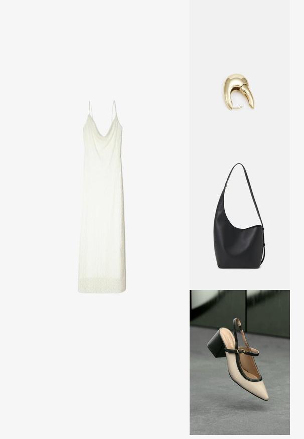 Biała sukienka na cienkich ramiączkach, z dekoltem w kształcie drapowania i teksturowanym materiałem. Rękaw wykończony subtelnym wzorem przypominającym koronkę.; Beżowe buty typu slingback z ostrym noskiem, czarnym wykończeniem, złotą klamrą i grubym obcasem na szarym podłożu z ciemnozielonym tłem.; Czarna skórzana torba hobo o gładkiej fakturze, zaokrąglonym kształcie i pojedynczym, regulowanym pasku; posiada szerokie otwarcie na górze.; Złote metalowe kolczyki o eleganckim, zakrzywionym kształcie. Posiadają charakterystyczny szpiczasty kształt, polerowaną powierzchnię oraz zapięcie na zawias.