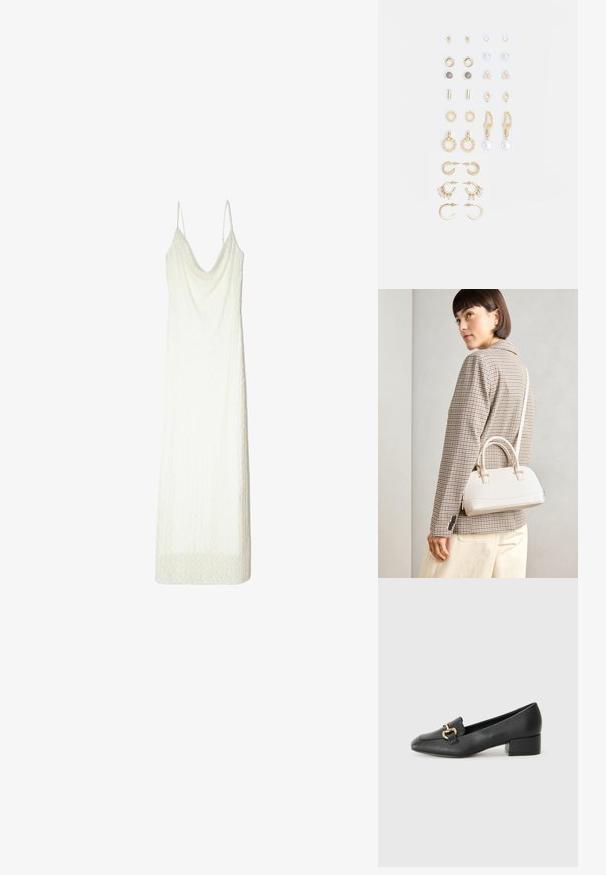Biała sukienka na cienkich ramiączkach, z dekoltem w kształcie drapowania i teksturowanym materiałem. Rękaw wykończony subtelnym wzorem przypominającym koronkę.; Czarne skórzane loafersy z płaskim obcasem, z ozdobnym złotym detalem z przodu i gładką fakturą.; Biała torebka o strukturalnym kształcie z krótkimi uchwytami i paskiem na ramię, z złotymi akcentami i teksturowanym materiałem, prezentowana na szarym tle.; Zestaw kolczyków w kolorze złotym, zawierający różne wzory, w tym klipsy, kółka oraz zwisające elementy z perłami i cyrkoniami.