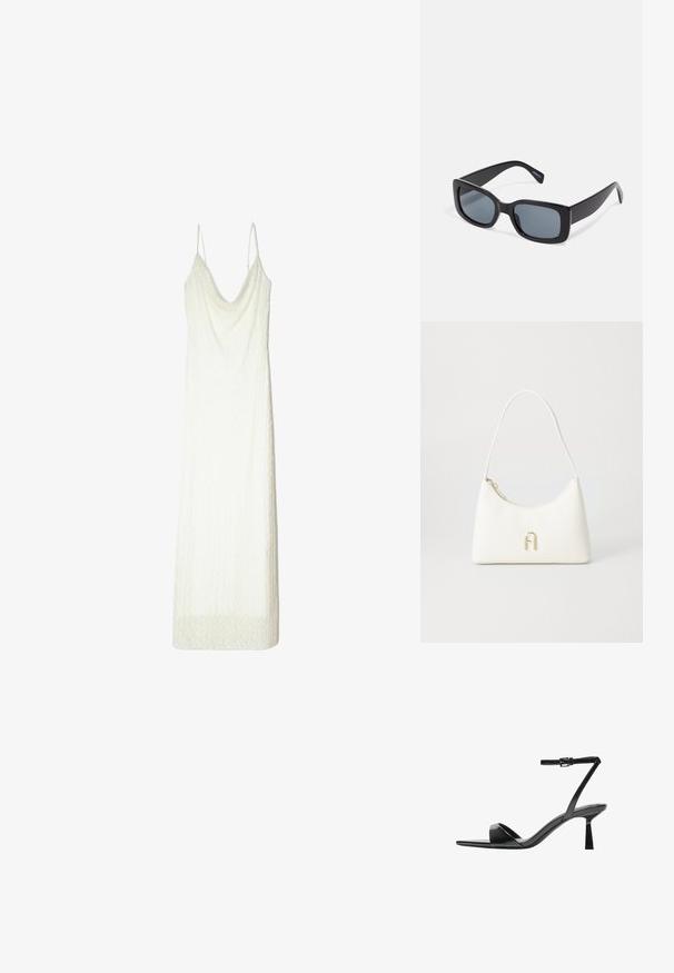 Bílé šaty s tenkými ramínky, s volným výstřihem a strukturovanou tkaninou. Spodní lem má jemný krajkový vzor.; Bershka Sandály na vysokém podpatku - black; Černé obdélníkové sluneční brýle s tmavými skleněnými čočkami, silným plastovým rámem a širokými spánky. Hladký povrch a hranatý design.; Bílá kabelka s zakřiveným tvarem a hladkým povrchem. Obsahuje akcent s logem v zlatém tónu a zapínání na zip. Nastavitelný ramenní popruh.