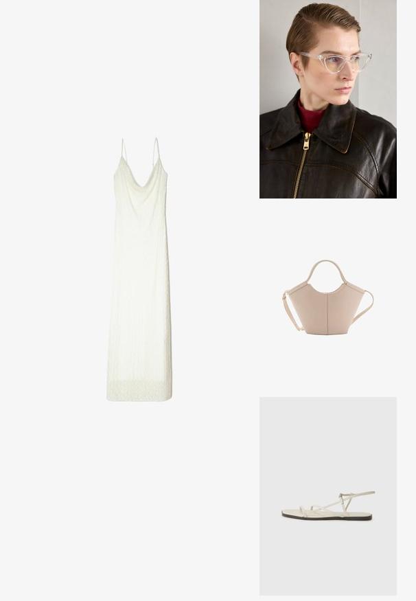 Biele šaty s tenkými ramienkami, ktoré majú drapované výstrih a textúrovanú látku. Lem má jemný vzor pripomínajúci čipku.; Béžové ploché sandále s viacerými štíhlymi popruhmi a nastaviteľnou prackou. Podrážka je plochá s jemným tmavým kontrastom na okraji.; Priehľadné acetátové mačacie okuliare s žltými tónovanými sklami, ktoré nosí osoba v tmavej koženej bunde a červenom roláku. Hladký povrch.; Béžová kožená kabelka s unikátnym tvarom, vybavená dvoma krátkymi uchami a jedným dlhým nastaviteľným popruhom. Hladký povrch s minimálnym kovovým príslušenstvom.