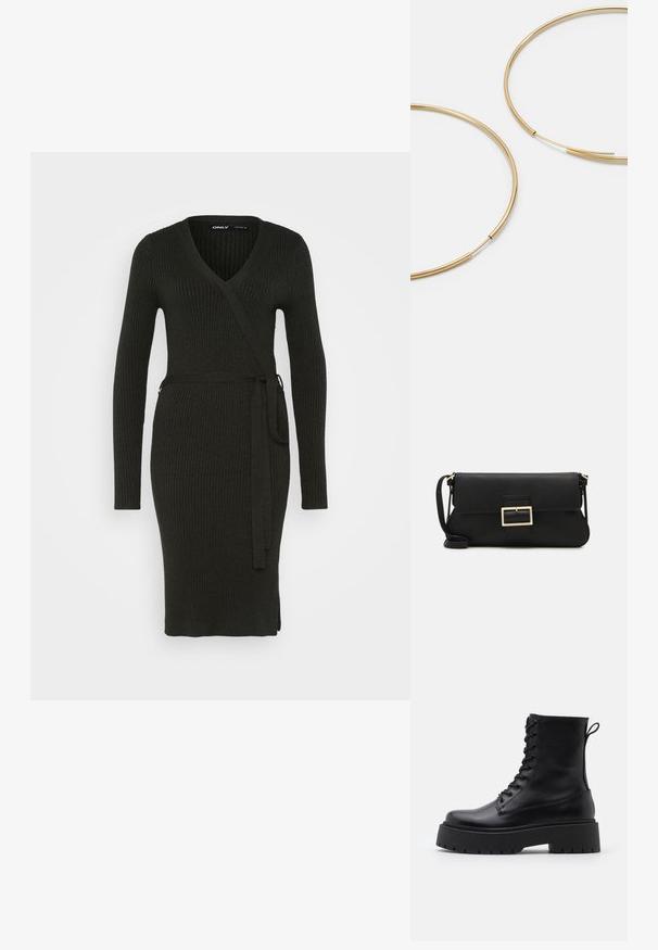 Tume roheline soonikkoes kleit pika varrukaga, V-kaelusega ja vöökohaga. Omab keha sobivat siluetti ja külgsuundi liikumise mugavuseks.; Mustad mustad nahast pahkluu saapad ümarate varvastega, nööridega esiosas ja paksu kummist talla ning tekstuuritud mustriga. Tagumine tõmbeaas.; Must haben musta nahkklahviga kott, millel on klapp ja kuldne metallist pandla detail. Kaasas must rihm ja stiilne, minimalistlik disain.; Kulla värvi nõelad, õhukesed ja ümmargused, millel on sile metallist pind ja ilma kaunistuste või mustriteta.