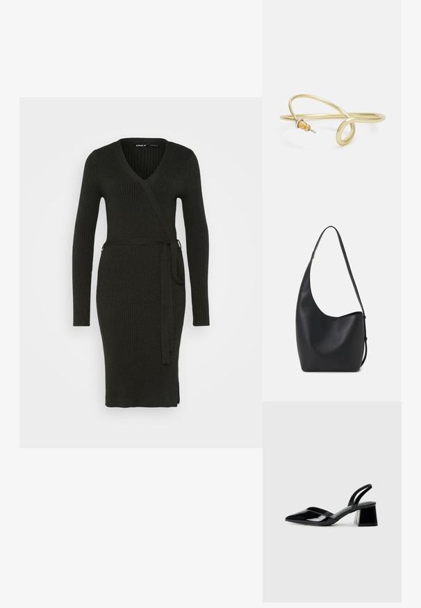 Tamsiai žalia, raukšlėta megzta suknelė su ilgomis rankovėmis, V formos iškirpte ir juosmens juosta. Suknelė turi priglundantį siluetą ir šonines skeltuves, leidžiančias laisvai judėti.; Juodos lakuotos odinės šlepetės su smailiu pirštu ir geometriniu bloko kulnu. Turi elegantišką, minimalistinį dizainą ir lygų paviršių.; Juodas odinis hobo maišas su lygiu paviršiumi, kreipta forma ir viena reguliuojama rankena; turi platų atidarymą viršuje.; Auksinės spalvos metalinė apyrankė su skysčiu, kreipiančiu dizainu. Viename gale yra mažas, išsiskiriantis, sidabrinės spalvos akcentas.