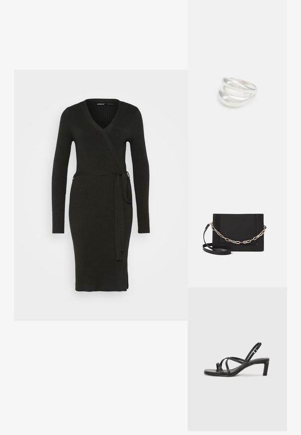 Tamsiai žalia, raukšlėta megzta suknelė su ilgomis rankovėmis, V formos iškirpte ir juosmens juosta. Suknelė turi priglundantį siluetą ir šonines skeltuves, leidžiančias laisvai judėti.; Juodi šlepetės su kvadratiniu pirštu ir žemu bloku kulnu. Yra keli ploni dirželiai ir reguliuojamas kulkšnies diržas. Pagaminti iš lygios odos.; Juodas odinis per petį nešiojamas krepšys turi lygų paviršių, stačiakampio formą ir metalinę grandinėlę priekyje. Pridedama reguliuojama dirželis.; Sidabrinis dvigubas žiedas su lygiu, poliruotu paviršiumi. Pasižymi sklandžiu, kreiptu dizainu su persipinančiomis dalimis, suteikiančiomis modernų išvaizdą.