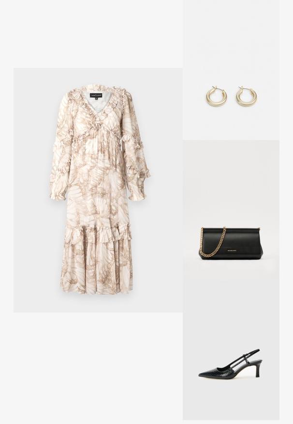Langes, fließendes Kleid in hellem Beige mit einem blattähnlichen Muster. Verfügt über Rüschendetails an den Ärmeln und dem Saum. Hergestellt aus leichtem Stoff.; Schwarze Lack-Slingback-Pumps mit spitzem Zehenbereich, versehen mit strukturiertem Schlangenprint, verstellbarem Riemen und einem kurzen, strukturierten Blockabsatz.; Schwarze Leder-Clutch mit einer goldenen Ketten-Trage, die eine glatte Oberfläche, rechteckige Form und geprägtes Branding auf der Vorderseite aufweist.; Lauren Ralph Lauren BASIC SMALL HOOP - Ohrringe - gold-coloured