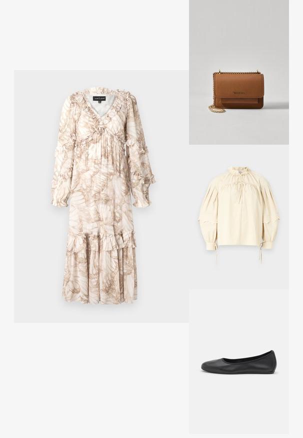 Vestido largo y vaporoso en color beige claro con un patrón en forma de hoja. Presenta acentos rizados en las mangas y el dobladillo. Está hecho de una tela ligera.; Hofmann Copenhagen SHARON - Blusa - oyster; Bailarina de piel negra con punta redondeada, textura suave, detalle de costura minimalista y diseño de suela flexible.; Bolso crossbody de cuero texturizado marrón con correa de cadena dorada y cierre de solapa. La parte frontal presenta un detalle de logo y un bolsillo debajo de la solapa.