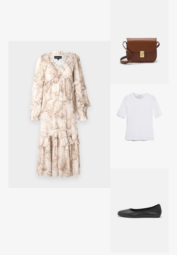Dlhé, voľné šaty v svetlej béžovej farbe s listovým vzorom. Majú volánové detaily na rukávoch a na leme. Vyrobené z ľahkej tkaniny.; Biela krátka tričko s krátkymi rukávmi vyrobené z rebrovanej látky. Klasický okrúhly výstrih, bežný strih a jemné švy. Bez vzorov alebo grafiky.; Čierne kožené baleríny s okrúhlou špičkou, hladkým povrchom, minimálnym prešívaním a flexibilným dizajnom podrážky.; Hnedá kožená kabelka s klopou, zlatými kovovými prvkami, ramenným popruhom a hladkým povrchom. Kompaktný obdĺžnikový tvar.