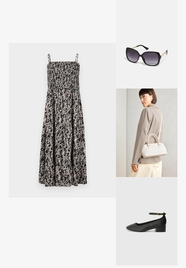 Czarna i beżowa sukienka na lato w wzory, z marszczonym stanem i regulowanymi ramiączkami, charakteryzuje się swobodną spódnicą i motywami kwiatowymi.; Czarne skórzane szpilki z ostrym noskiem i niskim słupkowym obcasem. Wyposażone w pasek na kostkę z złotym zapięciem. Gładka tekstura.; Czarne oversize okulary przeciwsłoneczne z gradientowymi soczewkami, grubymi oprawkami i złotym łańcuszkiem na ramionach.; Biała torebka o strukturalnym kształcie z krótkimi uchwytami i paskiem na ramię, z złotymi akcentami i teksturowanym materiałem, prezentowana na szarym tle.