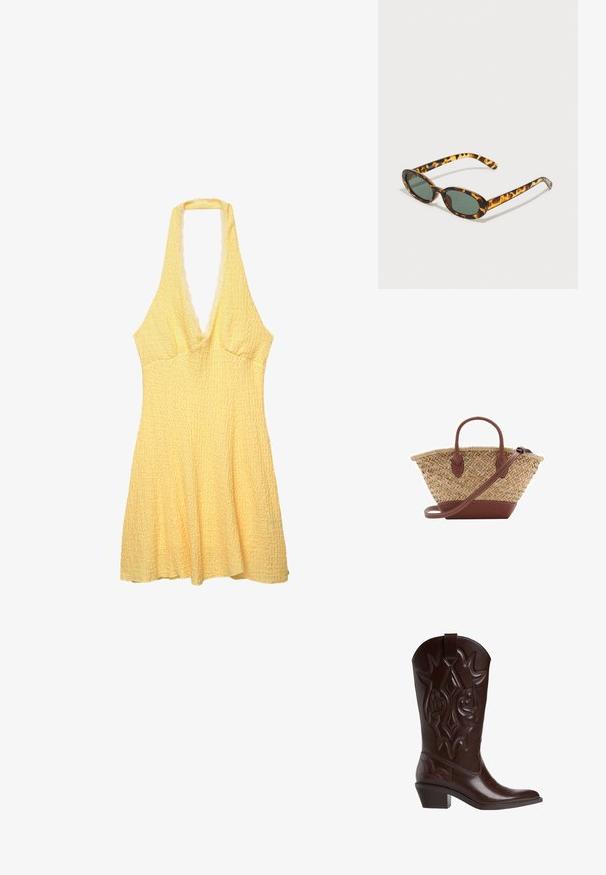 Gelbes Halskleid aus strukturiertem Stoff. Tiefer V-Ausschnitt, taillierter Oberteil und ausgestellter Rock. Wellenförmige Kante am Ausschnitt.; Dunkelbraune Leder-Cowboystiefel mit dekorativer Schnittnaht, spitzer Zehenform, mittelhohem gestapeltem Absatz und Zugschlaufe an der Oberseite.; Schildpatt-Sonnenbrille mit ovalen Rahmen, dunklen grünen Gläsern und schlanken Bügeln. Mit einem dezenten Logo auf dem Bügel.; Geflochtene Strohtasche mit braunen Lederakzenten, zwei Griffen und einem abnehmbaren Gurt. Kurvenform mit einem stabilen Boden.