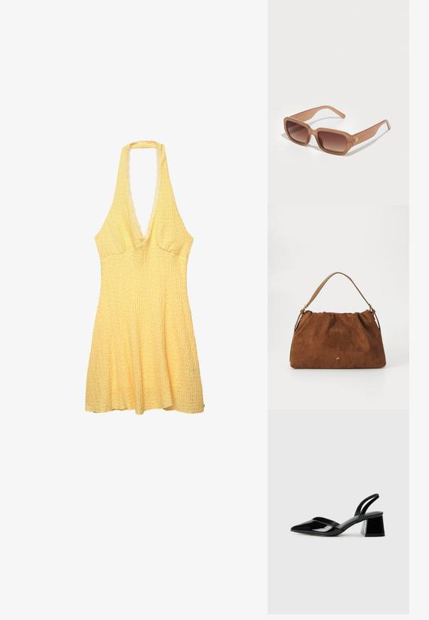 Geel halterjurk van een gestructureerde stof. Diepe V-halsontwerp, aansluitend lijfje en uitlopende rok. Golfvormige rand langs de halslijn.; Zwarte gepatineerde leren slingback hakken met een spitse neus en een geometrische blokhak. Kenmerkt zich door een slank, minimalistisch ontwerp en een gladde textuur.; Bruine rechthoekige zonnebril met gradient lenzen, dikke monturen en een logo-detail aan de zijkant. Soepel plastic materiaal, minimalistisch ontwerp.; Bruine suède handtas met een geplooid ontwerp, voorzien van een enkele tan kleur leren schouderband en een subtiele gouden logo-detail aan de voorkant.