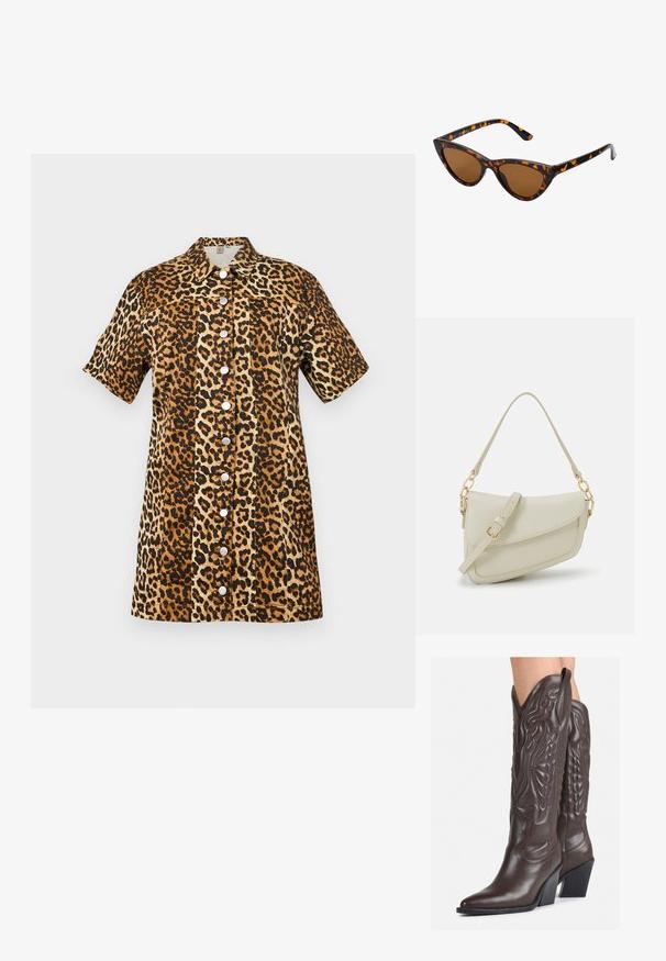 YAS YASLEONORA DRESS - Denimové šaty - multicolor; Hnedé kožené kovbojské topánky s špicatou špičkou a blokovým podrážkou, so zložitým prešívaním a vyvýšenými akcentmi na puzdre.; Mačacie slnečné okuliare s čiernym a oranžovým želvovinovým rámom, hnedými sklami a elegantnými, špicatými koncami. Obsahujú minimalistické logo na spánku.; Malá krémová kabelka s textúrovaným povrchom, dlhým nastaviteľným popruhom, reťazovým detailom a klopovým uzáverom. Zlaté kovové prvky.