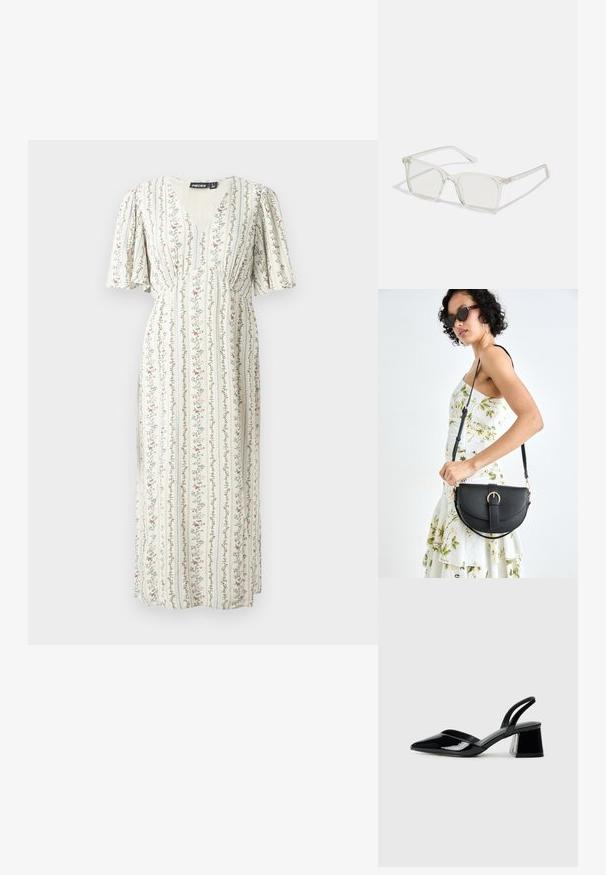 Ziedu maksikleita krēmkrāsā ar vertikālām svītrām. Iezīmē īsas pūkainas piedurknes, dziļu V veida kaklu un mīkstu, vieglu audumu.; Melna lakota āda ar atvērto papēdi, ar smailu purngalu un ģeometrisku blokpapēdi. Iezīmējas elegants, minimāls dizains un gluda tekstūra.; Caursplūstošas kvadrātveida brillēs ar caurspīdīgiem lēcām, ar zelta akcentiem uz tempļiem, lai pievienotu detaļas.; Melnas ādas rokassoma ar izliekta formu, noņemamu siksnu un zelta aksesuāriem. Somai ir vāciņš ar sprādzes detaļu.