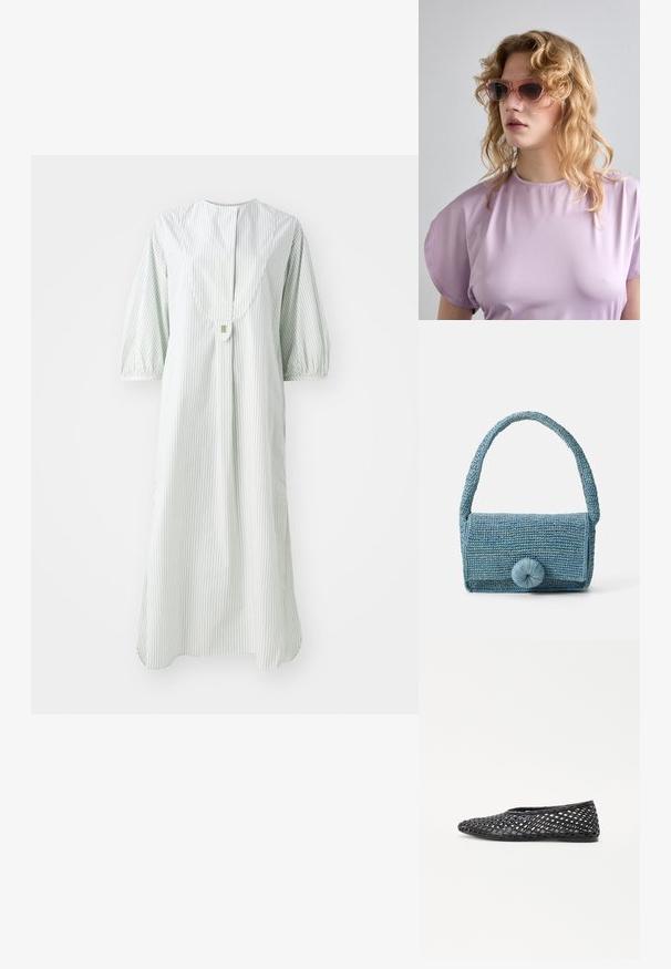 Pruhované šaty v světle zelené a bílé barvě, s kulatým výstřihem, krátkými puff rukávy a zapínáním na knoflíky na zádech.; Černé tkané nazouvací boty s mřížkovým designem, plochou podrážkou a hladkým gumovým materiálem, které poskytují prodyšnost a flexibilitu.; Růžově zabarvené sluneční brýle s geometrickým rámem, doplněné o měkký levandulový top s kulatým výstřihem a krátkými rukávy.; Tkaná modrá kabelka s texturovaným povrchem, obdélníkovým tvarem, krátkým držadlem a velkým kulatým uzávěrem v přední části.