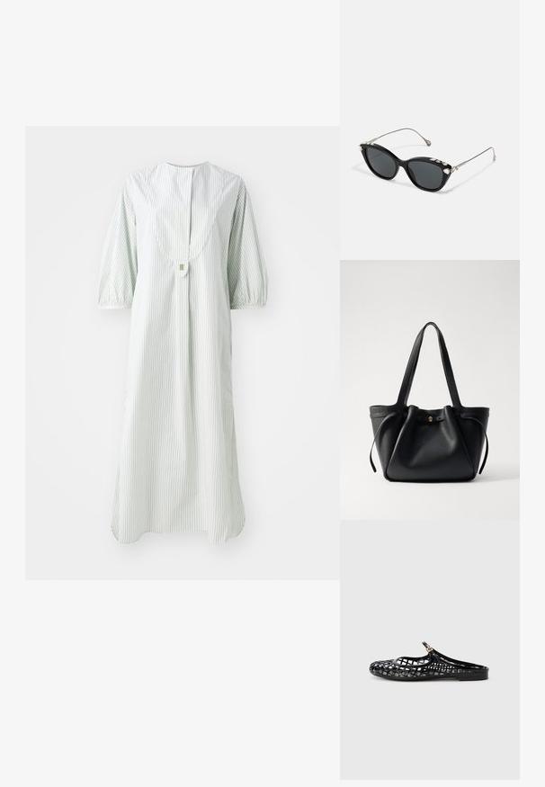 Gestreepte jurk in lichtgroen en wit, met een ronde halslijn, korte pofmouwen en een knoopsluiting op de rug.; Tory Burch MELLOW MARY JANE - Muiltjes - perfect black/gold; Zwarte cat-eye zonnebril met grijze lenzen, voorzien van een metalen frame en decoratieve rhinestones langs de bovenrand. Minimalistisch ontwerp met strakke lijnen.; Zwarte lederen tote bag met twee lange hengsels, een gathered bovenkant en een gouden ronde accent. Glad textuur met een minimalistisch ontwerp.