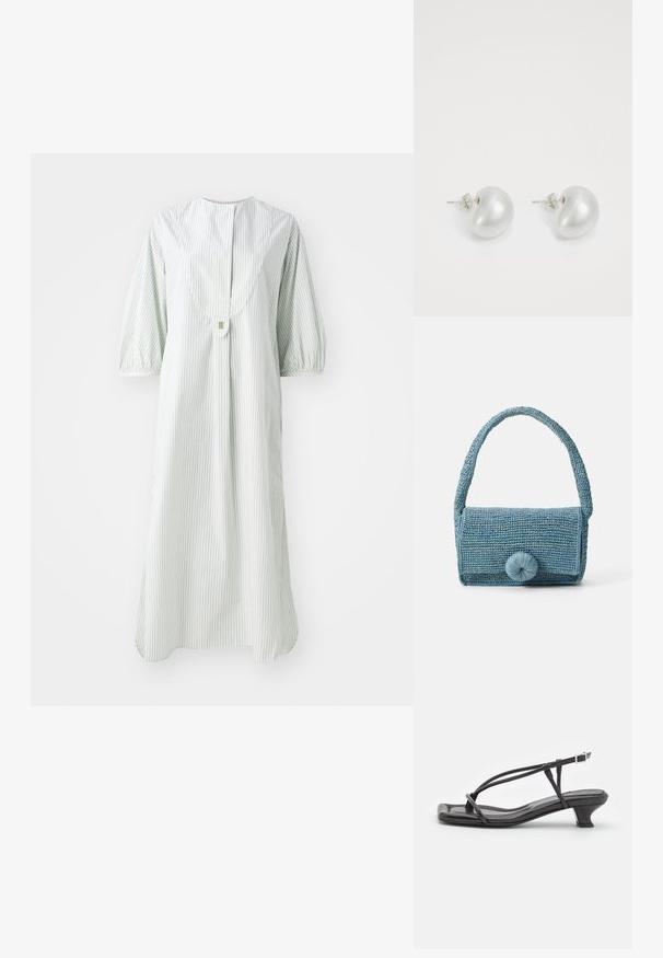 Dryžuota suknelė šviesiai žaliai ir baltai, su apykakle suapvalintais kraštais, trumpomis pūstomis rankovėmis ir sagų užtrauktuku gale.; Juodas odinis šlepetės su plonomis dirželiu, mažu blokuoju kulnu ir kvadratiniu pirštu. Yra sagties uždarymas ir lygus paviršius.; Audinio mėlyna rankinė su tekstūruota paviršiumi, stačiakampė forma, trumpu rankena ir didele apvalia uždarymo detale priekyje.; Sidabriniai perlų auskarai su kreivai suformuota pupelės forma. Lygus, blizgus paviršius, uždaromi segtuku ir atgaline fiksacija.