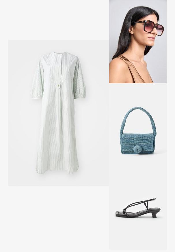 Rochie rayée în verde deschis și alb, cu un guler rotund, mâneci scurte tip puff și închidere cu nasturi la spate.; Sandale negre din piele cu curele subțiri, toc mic pătrat și vârf pătrat. Prezintă o închidere cu cataramă și o textură netedă.; Ochelari de soare mari, pătrați, cu un cadru din tortois și lentile roz cu un gradient. Prezintă un accent cu logo de aur pe sprânceană.; Geantă bleu țesută, cu o suprafață texturată, formă rectangulară, mână scurtă și un detaliu mare de închidere circular în față.