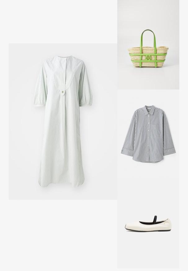 Vestido riscado em verde claro e branco, com decote redondo, mangas curtas bufantes e fecho de botão nas costas.; Camisa abotoada em azul e branco às riscas. Apresenta um colarinho clássico, mangas longas, um bolso no peito e punhos abotoados.; Sapata de balé plana em couro branco com ponta arredondada, faixa elástica preta e pequeno emblema dourado perto do calcanhar. Textura suave e design minimalista.; Saco de palha com detalhes em pele verde, apresentando uma textura trançada, alças duplas e um logótipo proeminente na parte da frente.