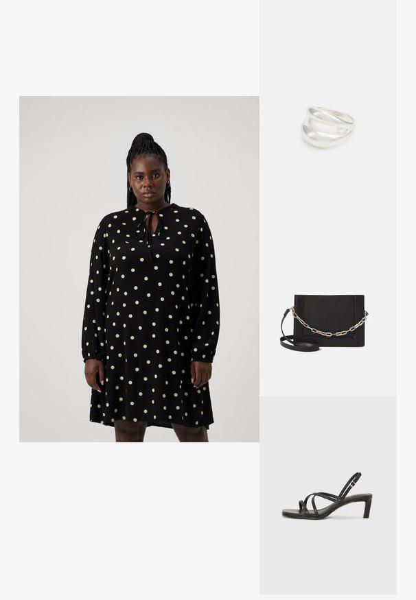 Black dress with long sleeves, featuring a round neckline, tie detail, and white polka dots. Soft texture, relaxed fit, knee-length silhouette.; Black strappy sandal with a square toe and a low block heel. Features multiple thin straps and an adjustable ankle strap. Made of smooth leather.; Black leather crossbody bag featuring a smooth texture, rectangular shape, and a metallic chain detail on the front. Adjustable strap included.; Silver double-band ring with a smooth, polished surface. Features a fluid, curved design with overlapping sections for a modern look.