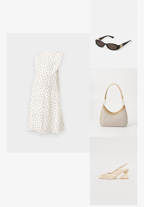 Vestido de lunares hecho de una tela ligera, con una textura acanalada, escote redondo y mangas cortas con volantes en blanco y negro.; Zapato slingback beige con parte superior perforada, punta afilada y un tacón triangular en contraste que presenta un acento dorado. Textura lisa en general.; Gafas de sol carey con lentes ovalados alargados, tintado marrón, acentos de logo dorado en las patillas y brazos negros elegantes.; Bolso de mano beige con un patrón y forma curva, acentos de cuero y un logo tono dorado en la parte frontal. Cuenta con un asa corta para un fácil transporte.
