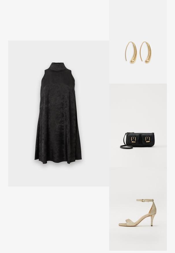 Robe sans manches en velours noir avec un col haut et une silhouette évasée, sur fond blanc uni.; Sandale à talons hauts dorés pailletés avec une bride au niveau de la cheville, bout ouvert et avant en forme carrée. Présente un talon mince et effilé pour plus de hauteur.; Sac en cuir noir porté en travers avec deux poches avant, boucles dorées, fermeture zippée et une sangle fine. Surface texturée et forme rectangulaire compacte.; Boucles d'oreilles en métal doré en forme d'anneau, avec une forme courbée et allongée. Elles présentent une surface lisse et brillante avec une pointe arrondie pour un détail supplémentaire.