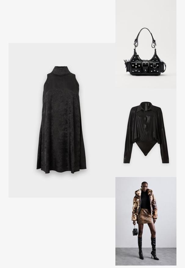 Musta sametist ilma varrukat kleit kõrge kaelusega ja laia A-line lõikega, seistes ühevärvilise valge tausta ees.; Must tooni bodysuit pikad varrukad, V-keres ja stuudiud joontega. Valmistatud läikivast, siledast kangast, millel on konstruktsiooniga krae ja mansetid.; Põuejope pruuni ja musta mustriga, kokku sobitatud pruuni madu nahast mini-seelikuga, mustade reie kõrguste saapadega ja väikese musta kotiga.; Must värvi nahast käekott, millel on kaarjas disain, hõbedased nupukesed, kinnitusahe ja kaks külgtaskut. Reguleeritav rihm erinevate kandmisvõimaluste jaoks.