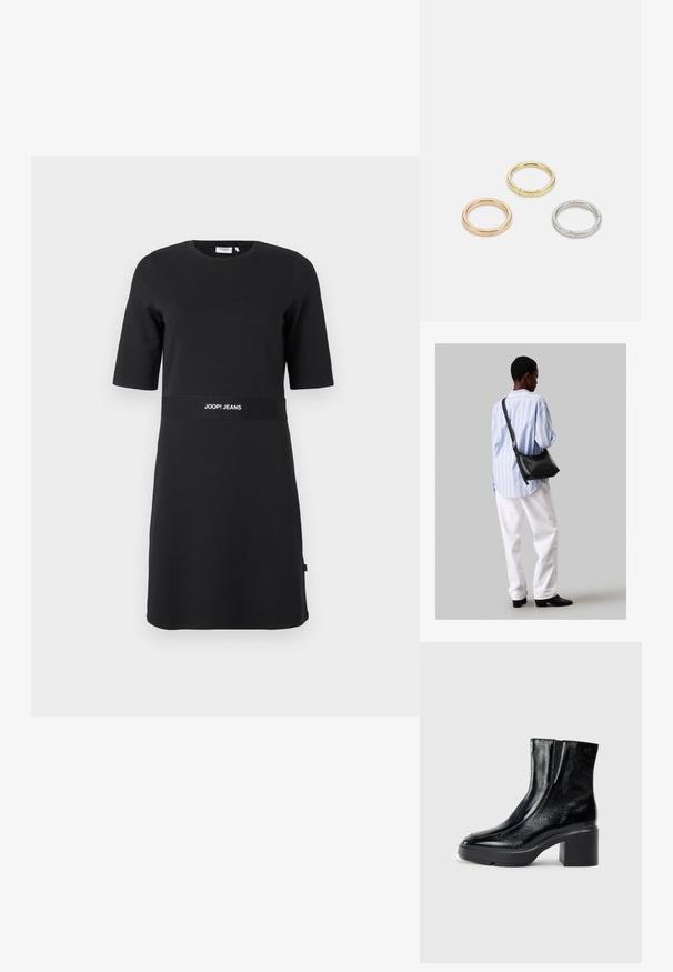 Juoda trumpomis rankovėmis, iki kelių ilgio suknelė su apvalia iškirpte ir ant juosmens esančiu užrašu „JOOP! JEANS".; Juodi lakiniai auliniai batai iki kulkšnies, su išlenktu pirštu, elastinėmis šoninėmis panelėmis ir masyviu blokuotu kulnu. Apdailoje užpakalinėje dalyje įspaustas logotipas.; Juodas odinis petinis krepšys su minkšta tekstūra, trikampiu pavidalu ir reguliuojama juosta, derinamas su šviesiai mėlynu dryžuotu marškinėliu ir baltais džinsais.; Trys metalinės žiedai: vienas rožinės aukso, vienas auksinis su tekstūruotais akcentais ir vienas sidabrinis, visi su įmintu ženklinimu vidinėje juostoje.