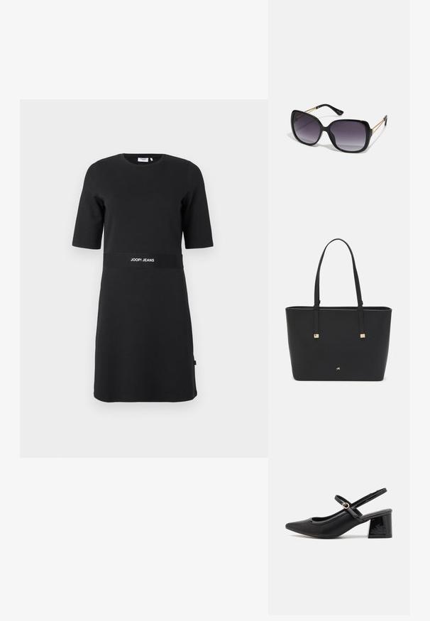 Black short-sleeve knee-length dress with round neckline and "JOOP! JEANS" logo printed on waist band.; Black patent leather slingback heels with a pointed toe, a rounded cutout design, and a block heel. Features a gold-tone buckle accent.; Black oversized sunglasses with gradient lenses, thick frames, and gold-tone chain detailing on the temple arms.; Black tote bag made of synthetic material, featuring simple rectangular design, gold square accents, and double handles.