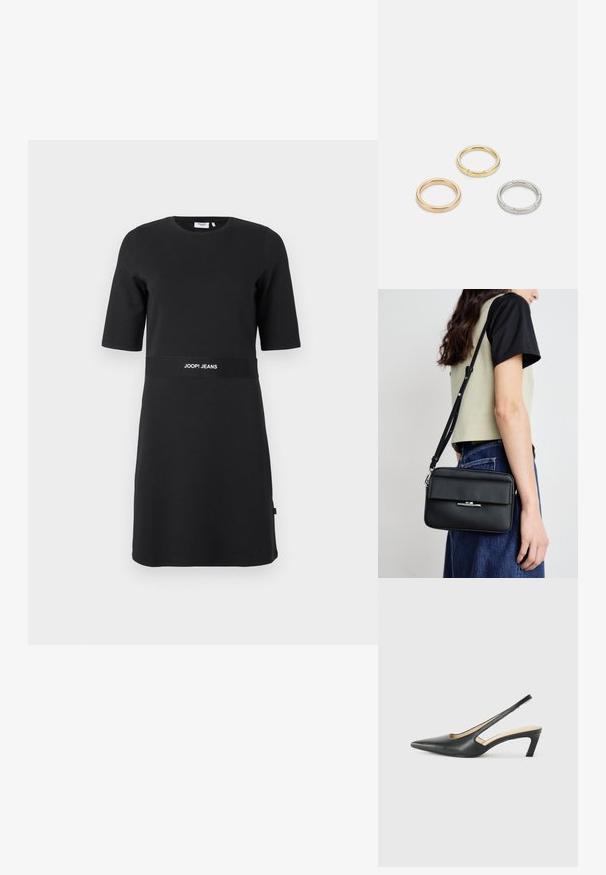 Schwarzes knielanges Kurzarmkleid mit rundem Ausschnitt und "JOOP! JEANS"-Logo auf dem Bund gedruckt.; Schwarzer spitz zulaufender Slingback-Schuh mit niedrigem Absatz, der aus glattem Leder gefertigt ist und seitliche Ausschnitte für Atmungsaktivität aufweist.; Calvin Klein LINEAR CAMERA BAG - Umhängetasche - black; Drei Metallringe: einer in Roségold, einer aus Gold mit strukturierten Akzenten und einer aus Silber, alle mit graviertem Branding auf dem inneren Band.
