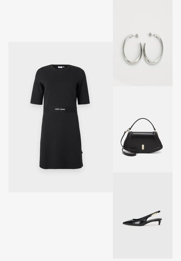 Schwarzes knielanges Kurzarmkleid mit rundem Ausschnitt und "JOOP! JEANS"-Logo auf dem Bund gedruckt.; Schwarze Leder-Slingback-Pumps mit spitzem Schuhblatt, ausgestattet mit einem schlanken Absatz und einem goldfarbigen Akzent am verstellbaren Riemen. Glatte Textur.; Schwarze Lederhandtasche mit einem strukturierten Design, das eine verkürzte Form, einen oberen Griff und goldfarbene Hardware-Details aufweist. Verstellbarer Schulterriemen ist enthalten.; Silberne Creolen mit einem glatten, geschwungenen Design. Mit einem glänzenden metallischen Finish und Steckverschluss. Keine sichtbaren Muster oder Akzente.