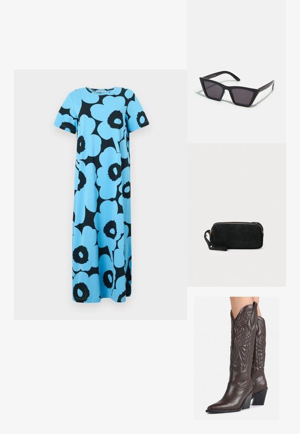 Maxi haljina od svijetloplavog pamuka s odvažnim crnim cvjetnim uzorkom. Kraće rukave i okrugli izrez dodatno naglašavaju ležerni dizajn.; Smeđe kožne kauboj čizme s šiljastim vrhom i blok-potpeticom, s detaljno izvezenim šavovima i uzdignutim naglascima na okovu.; Crne, uglaste sunčane naočale sa sivoj lećama; izrađene od plastike, imaju debele nogice s glatkom površinom i bez vidljivih metalnih dijelova.; Crna suđena torbica s patentnim zatvaračem i odvojivim ručnim remenom. Ima zlatne metalne detalje i glatku, mat teksturu.