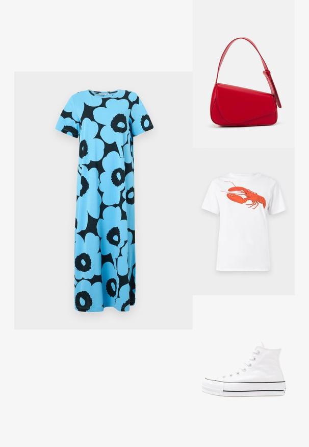 Rochie maxi din bumbac bleu deschis, cu un model floral negru îndrăzneț. Mâneci scurte și decolteu rotund subliniază designul casual.; Tricou alb din bumbac, cu un grafic mare, viu colorat de homar roșu pe față. Mâneci scurte și un guler standard de tip crew neck.; Adidași albi tip pantofi sport cu glezna din pânză, cu talpă din cauciuc negru, capac de vârf din cauciuc frontal și șase ochiuri pentru șireturi, având un design curat și minimalist.; Geantă de mână din piele roșie, cu un design unghiular și geometric. Dispune de o singură curea ajustabilă și un sistem de închidere cu clapetă, cu detalii cusute.