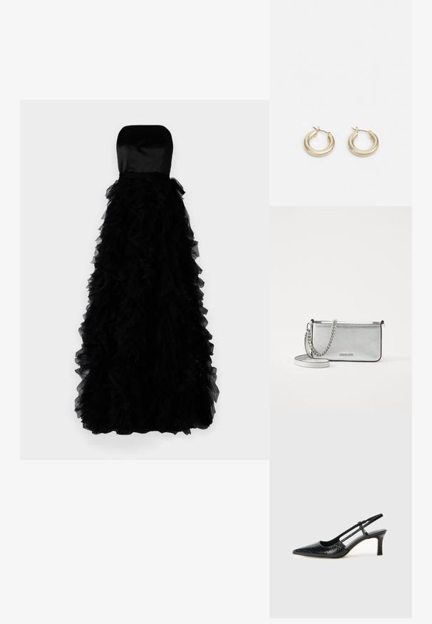 Ida Sjöstedt FRANCES GOWN - Occasion wear - black; Black patent slingback heel with a pointed toe, featuring textured snake print, adjustable strap, and a short, textured block heel.; Silver leather crossbody bag with a textured finish, chain and strap accents, and a zipper closure. Features a logo on the front.; Lauren Ralph Lauren BASIC SMALL HOOP - Earrings - gold-coloured