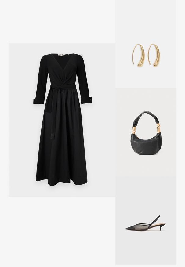 Veste longa preta com decote em V, mangas longas e cintura amarrada. Feita de um tecido suave, com saia fluida e mangas com punhos.; NEOUS IRENA - Saltos clássicos - black; Mala de mão em couro preto com forma redonda, textura suave e alça com nó, apresentando detalhes em metal dourado. Fecho em zíper.; Brincos em metal dourado com forma de arco alongado e curvado. Apresentam uma superfície lisa e brilhante, com uma ponta arredondada para um detalhe adicional.