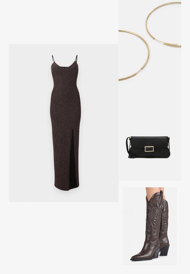 Kirik, ilma varrukat maksikleidi tumeburgundia toonides, millel on kõrge lõhik, väga õhukesed mustad rihmad ja keha ligihoidev siluett.; Pruunid nahast cowboy saapad terava varbaga ja plokk-kandaga, millel on detailne tikand ja kergelt tõstetud aktsendid varrel.; Must haben musta nahkklahviga kott, millel on klapp ja kuldne metallist pandla detail. Kaasas must rihm ja stiilne, minimalistlik disain.; Kulla värvi nõelad, õhukesed ja ümmargused, millel on sile metallist pind ja ilma kaunistuste või mustriteta.