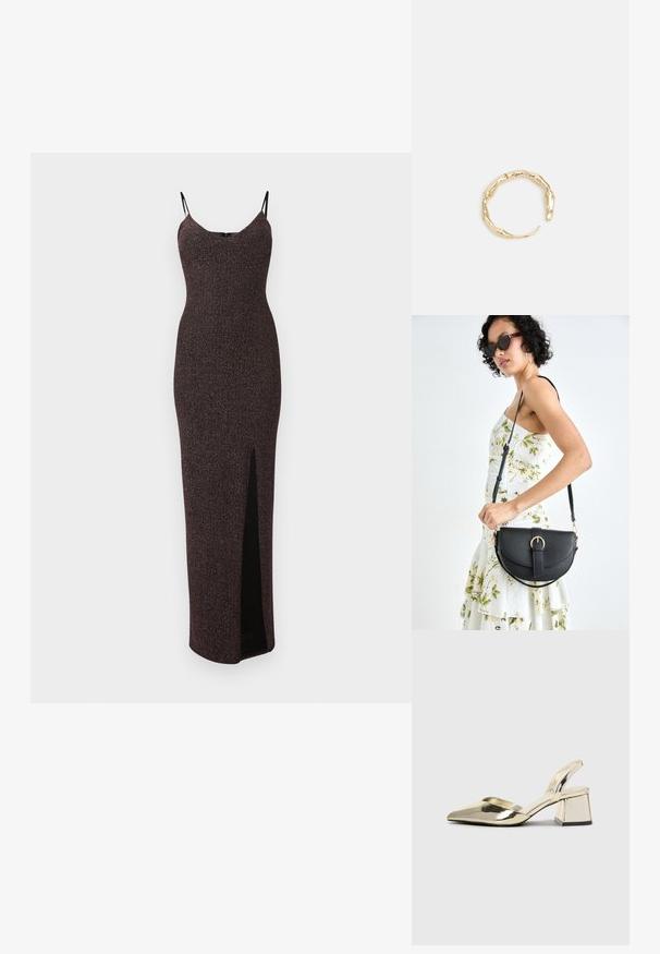 Sjajna, bezrukavna maksi haljina u tamnoj burgundi boji sa visokom prorezom, koja ima tanke crne trakice i uski kroj.; Zlatni metalik slingback sandali s šiljatim vrhom i debelim potpeticama. Glatka tekstura, minimalistički dizajn i uski remen.; Crna kožna torba s lukovitim oblikom, odvojivim remenom i zlatnim detaljima. Torba ima preklop s kopčom.; Prsten u zlatnoj nijansi s organskim, uvijenim dizajnom, glatkom teksturom i suženim krajevima, koji stvara moderan, skulpturalni izgled.