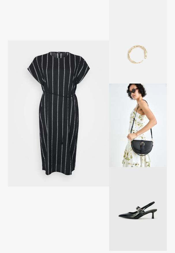 Mustmust mustriba valged triibud, lühikesed pitsilised varrukad, elastne vöökoht sidumiseks ja ümar kaelus. Valmistatud kergest kangast.; Mustad patenteeritud nahast sildiga kontsad, millel on terav nina ja väike plokk-konts, mille rihmal on hõbedane pandla aksessuaar.; Mustmust mustraha kõverate joontega, eemaldatava rihmaga ja kuldsete detailidega. Kotil on klapp, millel on pandladetail.; Kuldtoonis sõrmus, millel on orgaaniline, keerdunud disain sileda tekstuuri ja kitsenevate otstega, luues kaasaegse skulptuurilise välimuse.