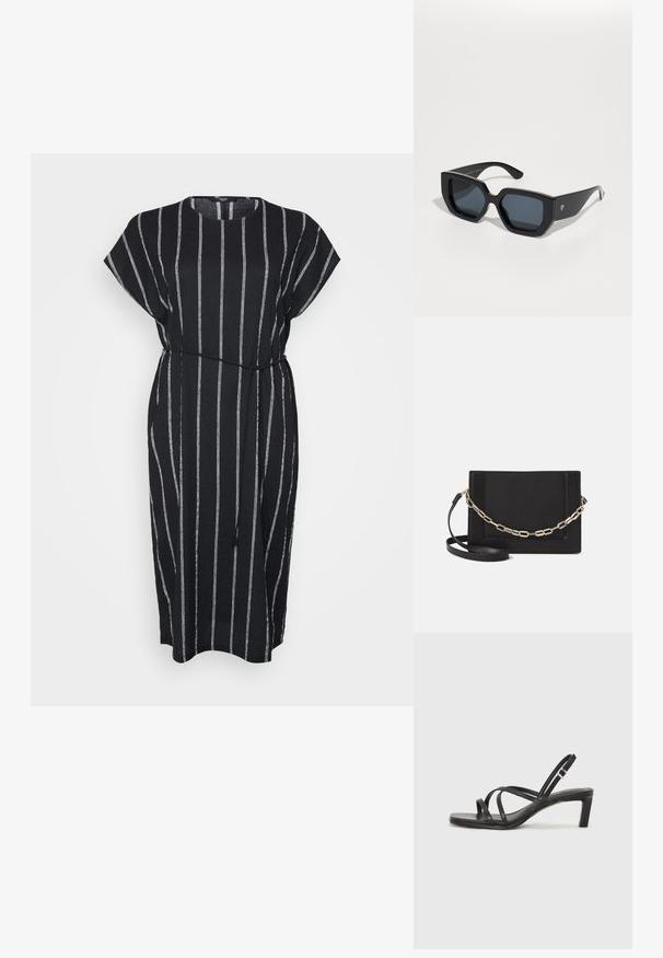 Čierne šaty s vertikálnymi bielymi pruhmi, krátkymi rukávmi, elastickým pásom so šnúrkou a zaobleným výstrihom. Vyrobené z ľahkej tkaniny.; Čierne sandále na vysokom podpätku so štvorcovou špičkou a nízkym blokovým podpätkom. Obsahujú viacero tenkých popruhov a nastaviteľný členkový popruh. Vyrobené z hladkej kože.; Čierne nadrozmerné slnečné okuliare s geometrickým vzorom, obdĺžnikové šošovky a lesklý povrch. Na prednej strane nie sú viditeľné žiadne značky.; Čierna kožená crossbody taška s hladkou textúrou, obdĺžnikovým tvarom a kovovým reťazovým detailom na prednej strane. Súčasťou je nastaviteľný popruh.