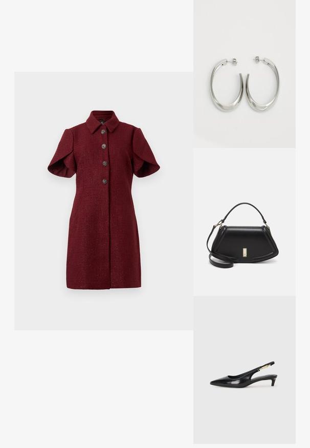 Bordeaux kort-welkomstjurk met puntige kraag en vier decoratieve zilveren knopen aan de voorkant.; Zwarte leren slingback hakken met een spitse neus, voorzien van een slanke hak en een goudkleurige accent op de verstelbare band. Gladde textuur.; Zwarte leren handtas met een gestructureerd ontwerp, featuring een verkorte vorm, bovenhandvat en gouden hardwareaccent. Inclusief verstelbare schouderband.; Zilveren oorringen met een gladde, gebogen vorm. Voorzien van een glanzende metallic afwerking en studsluiting. Geen zichtbare patronen of accenten.
