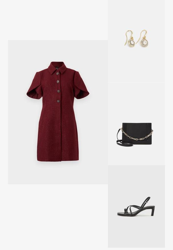 Burgunderfarbenes kurzärmeliges Mantelkleid mit spitzem Kragen und vier dekorativen silbernen Knöpfen vorne.; Schwarze Sandale mit Riemchen, quadratischer Zehenform und niedrigem Blockabsatz. Verfügt über mehrere dünne Riemen und einen verstellbaren Knöchelriemen. Hergestellt aus glattem Leder.; Schwarze Leder-Crossbody-Tasche mit glatter Textur, rechteckiger Form und metallic-kettendetail auf der Vorderseite. Verstellbarer Gurt inklusive.; Goldfarbene Ohrringe mit ovalen klaren Kristallen, die von kleineren klaren Steinen umgeben sind, und einem Haken-Design für sicheren Halt.