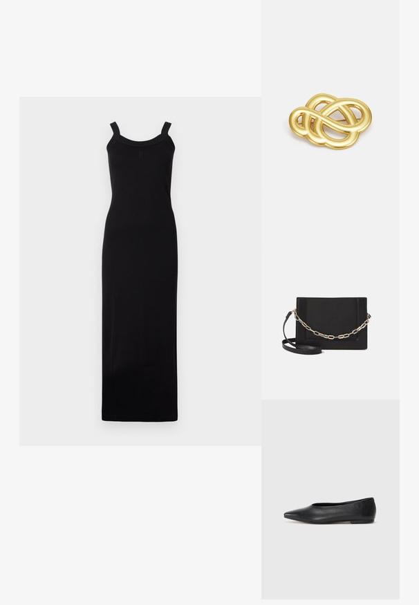 Črna, brezrokavna maxi obleka s prilegnjenim silhueto, z zaobljenim izrezom in teksturiranimi naramnicami. Narejena iz lahkotnega materiala.; Črne usnjene balerinke, koničast toe, minimalističen dizajn, gladka tekstura, nizka peta, brez vidnih kovinskih delov ali okraskov.; Črna usnjena torba čez ramo z gladko teksturo, pravokotno obliko in kovinskim verižnim detajlom spredaj. Vključena je nastavljiva naramnica.; Broška z zlatim odtenkom, ki se ponaša s zankastim dizajnom, gladkimi, ukrivljenimi linijami in zapleteno obliko, ki odseva poliran zaključek.