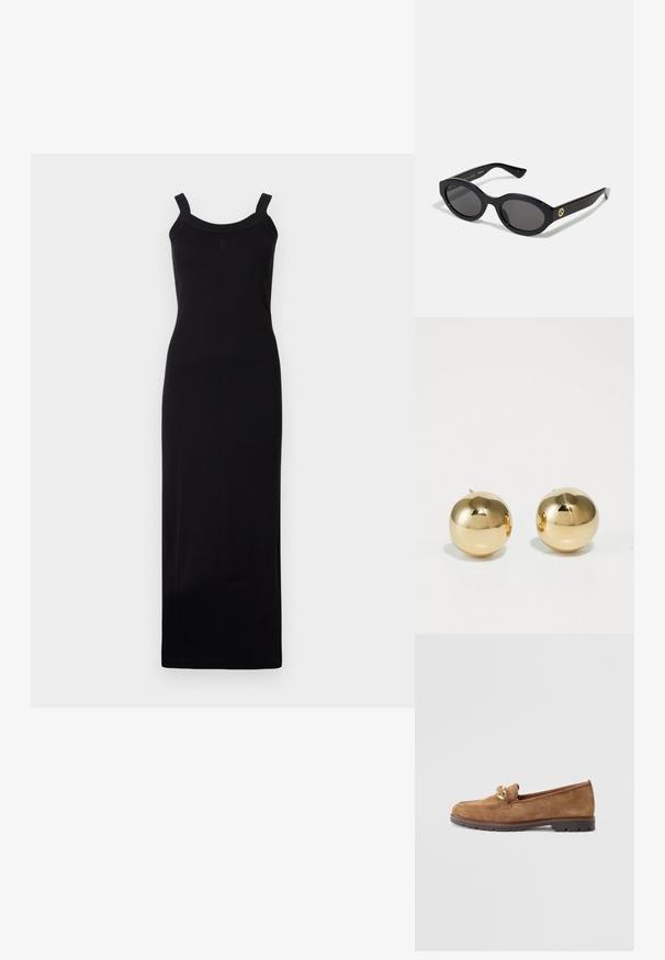 Czarna, bezrękawnikowa sukienka maxi o dopasowanym kroju, z okrągłym dekoltem i teksturowanymi ramiączkami. Wykonana z lekkiej tkaniny.; Tamaris - Półbuty wsuwane; Czarne okulary przeciwsłoneczne w owalnym kształcie z ciemnymi szkłami i błyszczącą plastikową oprawką. Posiadają złote logo na zausznniku, co nadaje im elegancki i nowoczesny wygląd.; Złote okrągłe kolczyki wkrętki o polerowanym wykończeniu i małym słupku. Charakteryzują się gładką teksturą i lustrzaną powierzchnią.