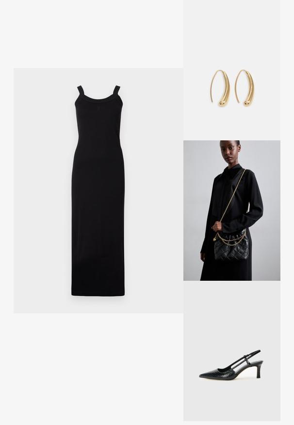 Fekete, ujjatlan maxi ruha, testhez simuló fazonnal, lekerekített nyakkivágással és textúrázott vállpántokkal. Könnyű anyagból készült.; Fekete lakk slingback sarok, hegyes orral, texturált kígyómintával, állítható pánttal és rövid, texturált tömbsarkal.; Fekete steppelt bőr kézitáska gyűrt toppal, arany lánc vállpánttal és téglalap alakú formával, egyszerű háttér előtt tartva.; Aranyszínű fémből készült karika fülbevalók ívelt, hosszúkás formával. Simaságával és fényes felületével, valamint lekerekített végével további részletekkel bővül.