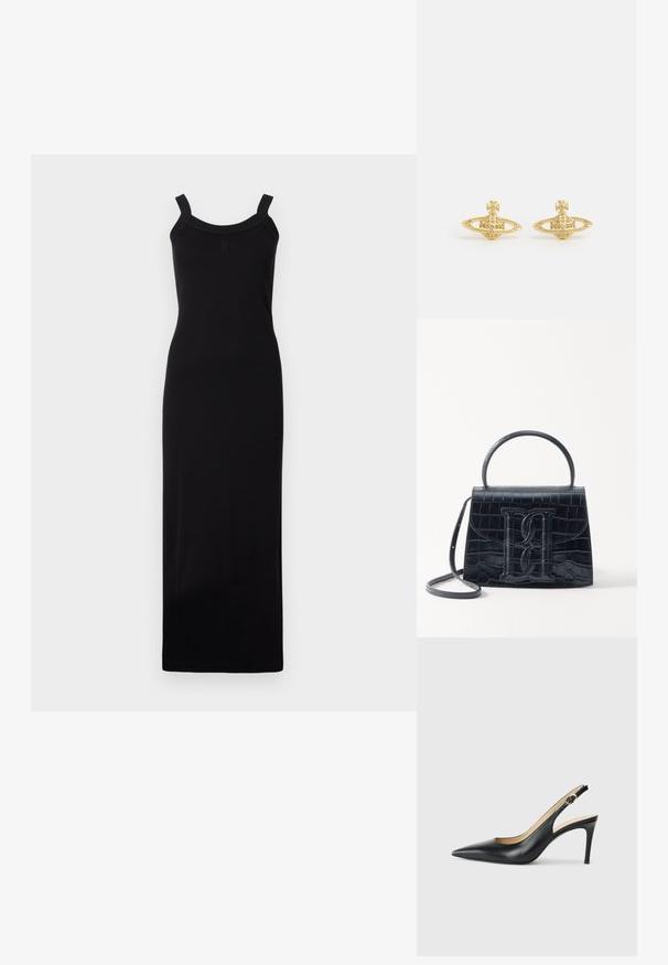 Crna, haljina do poda bez rukava s uskim siluetom, izrezom u obliku školjke i teksturiranim naramenicama. Izrađena od lagane tkanine.; Crne kožne slingback visoke potpetice s šiljastim nosom, podesivim trakama i elegantnim stiletto potpeticama, s glatkom završnom obradom.; Crna torba od krokodilne kože s uzorkom, strukturiranog dizajna, gornjom ručkom, podesivom trakom i istaknutim logotipom sprijeda.; Vivienne Westwood MINI BAS RELIEF EARRINGS - Naušnice - gold-coloured