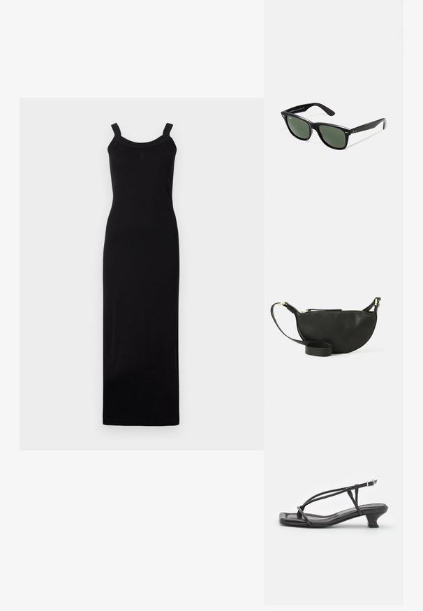 Fekete, ujjatlan maxi ruha, testhez simuló fazonnal, lekerekített nyakkivágással és textúrázott vállpántokkal. Könnyű anyagból készült.; Fekete bőr szandál vékony pántokkal, alacsony blokk sarkú és négyzetes orrú. Csattal záródik és sima textúrájú.; Fekete műanyag napszemüveg zöld lencsékkel, négyzet alakú kerettel, ezüst díszítéssel a keret felső részén, valamint texturált szárakkal. A márka neve a belső száron található.; Fekete bőr keresztpántos táska félhold formában, texturált felülettel, arany cipzárral és lapos pánttal. Kompakt kialakítás, amely a fontos dolgok számára alkalmas.