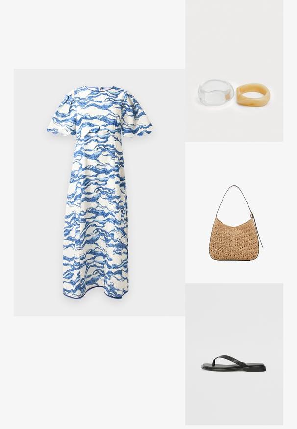 Hofmann Copenhagen NERINA - Denní šaty - sea blue print; Černé žabky vyrobené z hladké kůže, s tenkým designem popruhu a plochou podrážkou s minimálním profilem. Žádné výrazné vzory ani akcenty.; Tkaná slaměná taška na rameno s zakřiveným tvarem, která má tmavý kožený popruh a texturovaný povrch s chevronovým vzorem.; Průhledné a jantarové prsteny z pryskyřice, jeden hladký a transparentní, druhý s texturovaným jantarovým povrchem. Oba mají zaoblené, robustní tvary.
