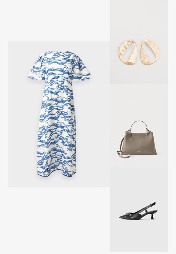Hofmann Copenhagen NERINA - Denní šaty - sea blue print; Černé kožené slingback boty s špičatou špičkou, dekorativními pásky s kovovými očky a nízkým blokovým podpatkem. Texturovaný povrch.; Texturovaná šedá kožená kabelka s horním uchopem a nastavitelným ramenním popruhem, která se vyznačuje minimalistickým designem a decentním potiskem na přední straně.; Pár nepravidelných oválných náušnic z kovu pozlaceného zlatem s texturovaným, mírně kladivkovým povrchem na bílém pozadí.
