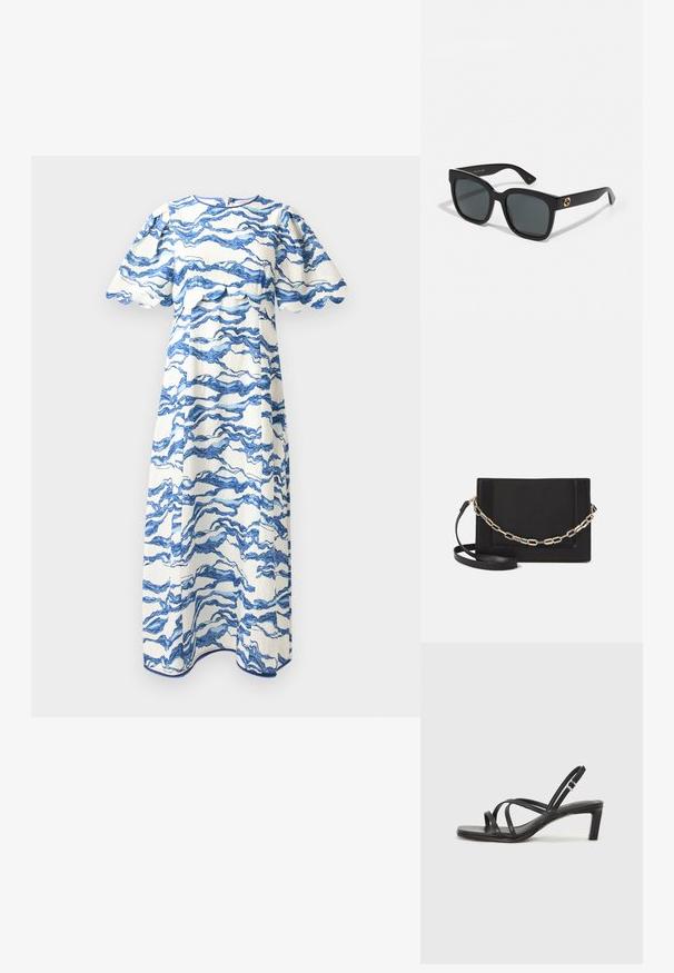 Hofmann Copenhagen NERINA - Nappali ruha - sea blue print; Fekete pántos szandál négyzetes orral és alacsony blokk sarkal. Több vékony pánttal és állítható boka pánttal rendelkezik. Sima bőrből készült.; Fekete napszemüveg téglalap alakú lencsékkel, fényes felülettel és arany logóval a szárakon. Sötétszürke lencsék UV-védelmet nyújtanak.; Fekete bőr keresztpántos táska, sima textúrával, téglalap alakú és fém lánc részlettel az elején. Állítható pánttal ellátva.