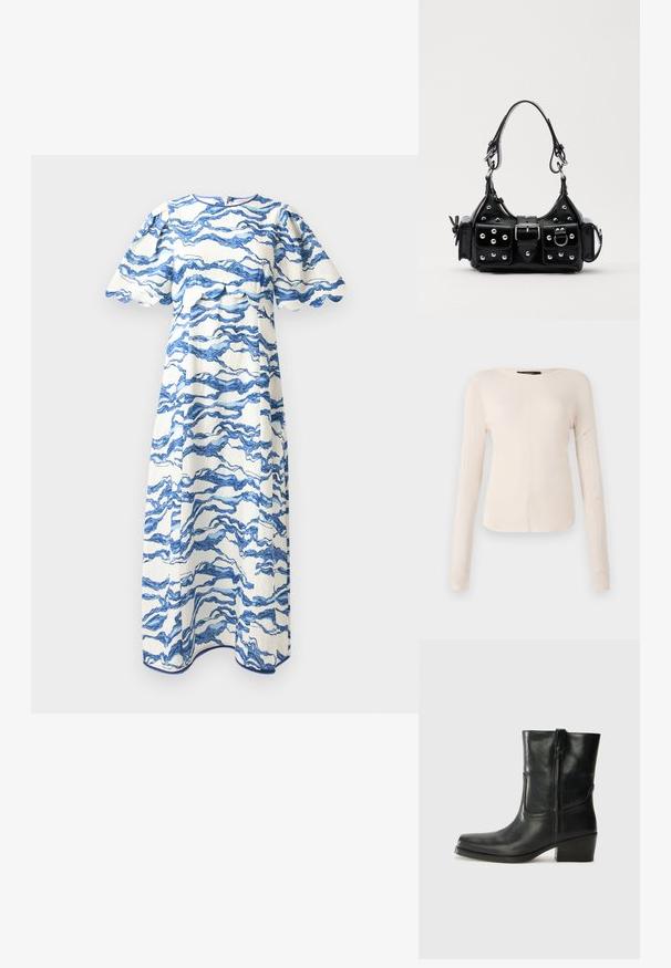 Hofmann Copenhagen NERINA - Denní šaty - sea blue print; Dlouhý rukáv, světle béžový top s kulatým výstřihem. Vyrobeno z jemné látky, má středový šev a mírně zaoblený lem. Bez viditelné kovové úpravy.; Černá kožená kotníková bota s kulatou špičkou, blokovým podpatkem, bočním zipem a prošíváním na svršku. Hladký povrch, klasický design.; Černá kožená kabelka s křivkovým designem, zdobená stříbrnými hřebíky, s přezkou a dvěma bočními kapsami. Nastavitelný popruh pro různé možnosti nošení.
