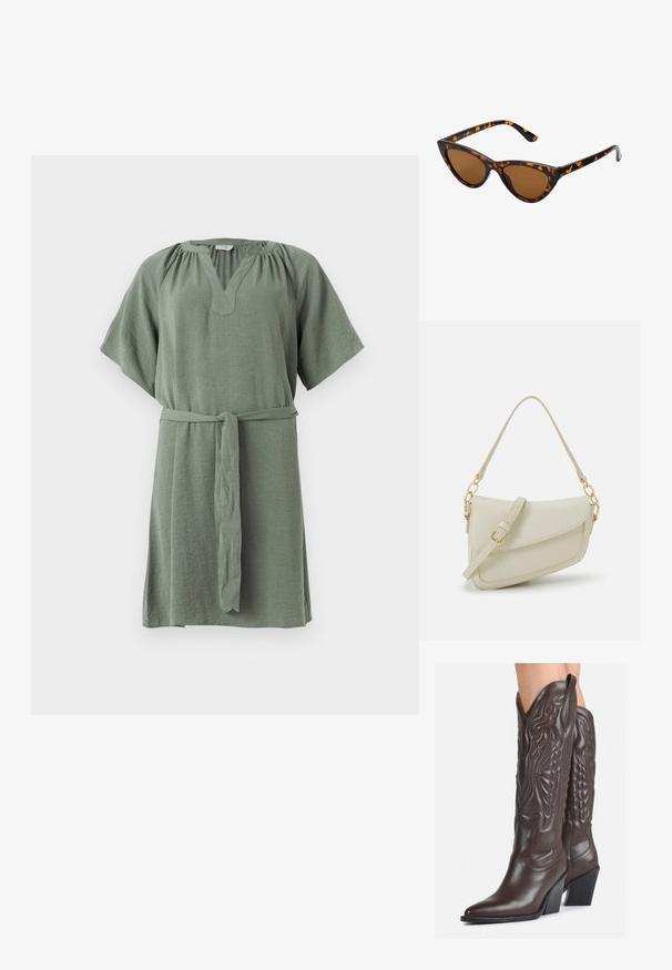 Vestido de manga curta, até aos joelhos, em tecido verde suave, com decote em V, ombros franzidos e um cinto removível para ajuste na cintura.; Botas de cowboy em couro castanho com bico pontudo e salto quadrado, apresentando costuras detalhadas e realces elevados no cano.; Óculos de sol estilo gato com uma armação em tartaruga preta e laranja, lentes castanhas e pontas elegantes e pontiagudas. Apresenta um logo minimalista na haste.; Pequena bolsa de creme com um acabamento texturizado, uma alça longa ajustável, um detalhe em corrente e um fecho de aba. Detalhes em hardware dourado.